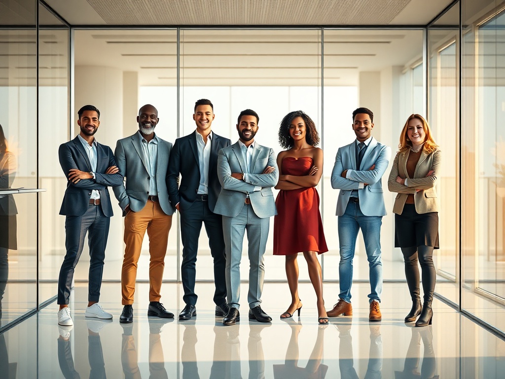 A diverse team of five standing in a modern glass boardroom, warm natural light, confident poses, high-end minimalist interior, photorealistic 8k.