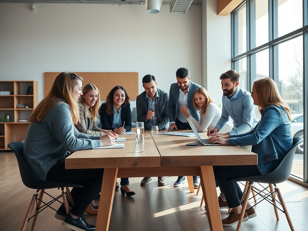 A dynamic low-angle shot of a diverse group of young professionals collaborating around a minimalist scandinavian wooden table, natural light streaming through large windows, 8k photorealistic commercial photography, alive and cinematic.
