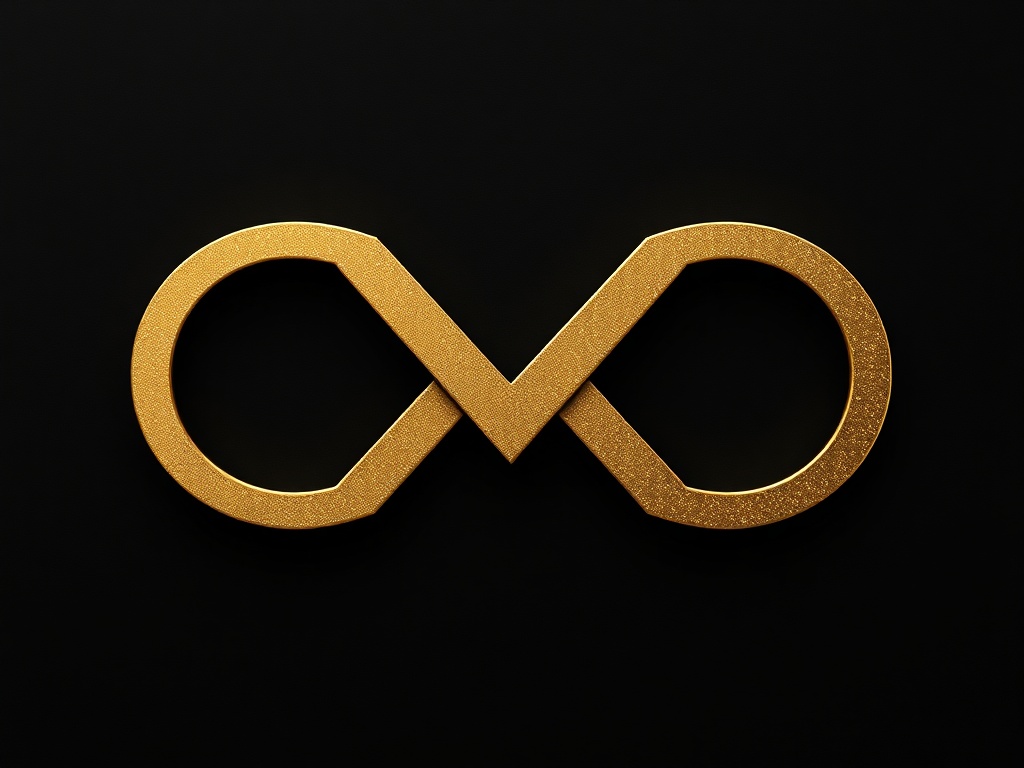 An abstract geometric shape resembling an infinity symbol, metallic gold texture on dark background, 8k commercial style.